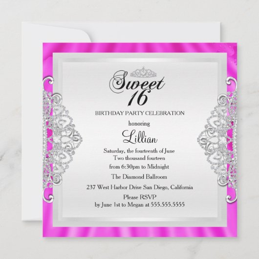 ホットピンクスパークルダイヤモンドスウィート16招待状 招待状 (裏面)