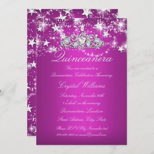 ホットピンクスパークルティアラスターズキンセアニェラ 招待状 (正面/裏面)