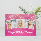 ホットピンクスパークルフォトコラージュガールズ誕生日 カード (スタンド正面)