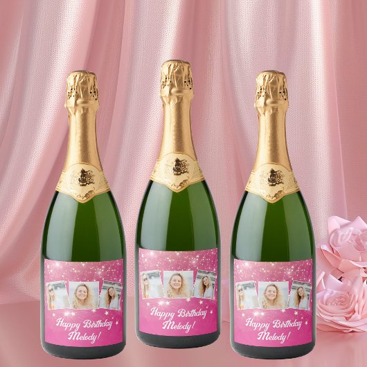 ホットピンクスパークルフォトコラージュ誕生日パーティー スパークリングワインラベル