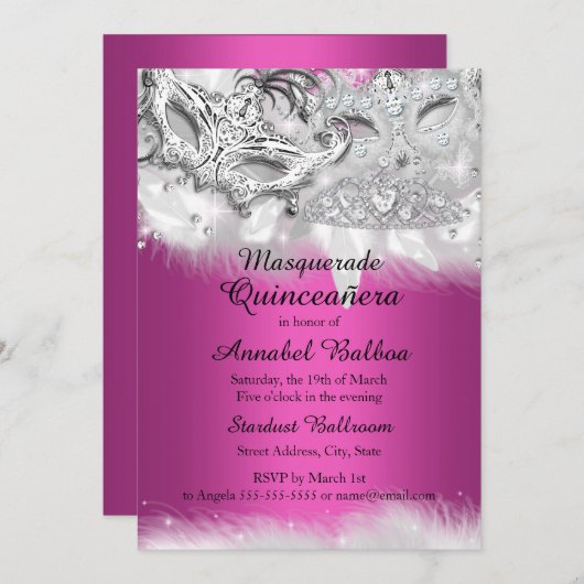 ホットピンクスパークルマスカレードキンセアニェラ招待状 招待状 (正面/裏面)