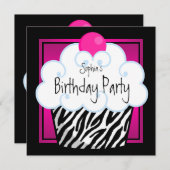 ホットピンクゼブラガールズカップケーキバースデーパーティー 招待状 (正面/裏面)