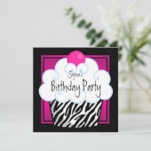 ホットピンクゼブラガールズカップケーキバースデーパーティー 招待状 (スタンド正面)