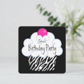 ホットピンクゼブラガールズカップケーキバースデーパーティー 招待状 (スタンド正面)