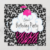 ホットピンクゼブラガールズカップケーキバースデーパーティー 招待状 (正面/裏面)
