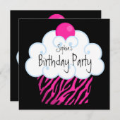 ホットピンクゼブラガールズカップケーキバースデーパーティー 招待状 (正面/裏面)