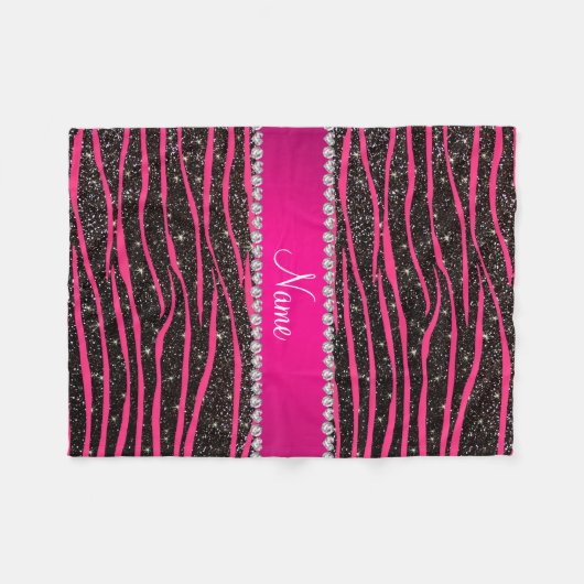 ホットピンクゼブラストライプブラックグリッターピンクストライプ フリースブランケット (正面(横))