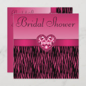 ホットピンクゼブラストライプ&きらきら光るハートブライダルシャワー 招待状 (正面/裏面)