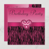 ホットピンクゼブラストライプ&きらきら光るハート誕生日 招待状 (正面/裏面)