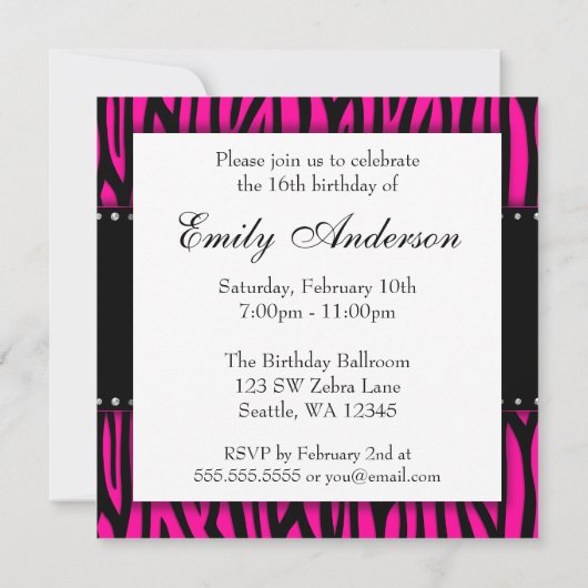 ホットピンクゼブラダイアモンズスウィート16誕生日 招待状 (裏面)