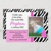 ホットピンクゼブラプリント最初の誕生日招待状 招待状 (正面/裏面)