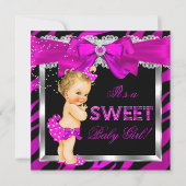 ホットピンクゼブラベビーシャワーガールブロンドベビー 招待状 (正面)