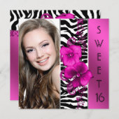 ホットピンクゼブラ写真甘い16誕生日パーティー 招待状 (正面/裏面)