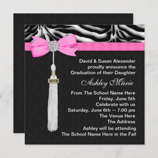 ホットピンクゼブラ卒業発表 招待状 (正面/裏面)