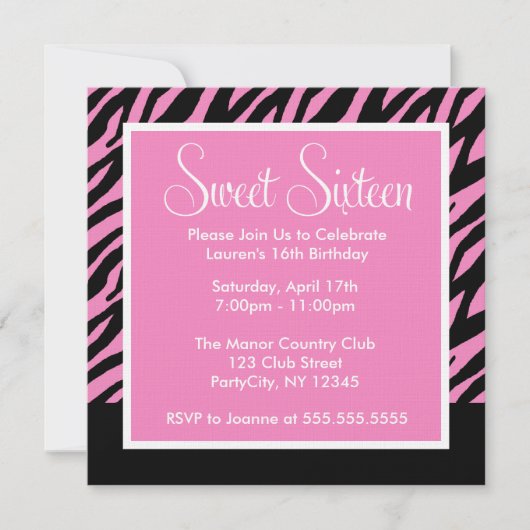 ホットピンクゼブラ印刷Sweet sixteen 招待状 (正面)