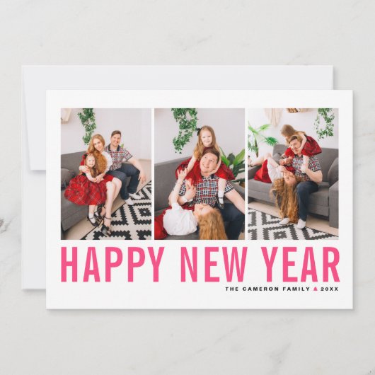 ホットピンクタイポグラフィハッピーニューイヤー写真コラージュ シーズンカード (正面)
