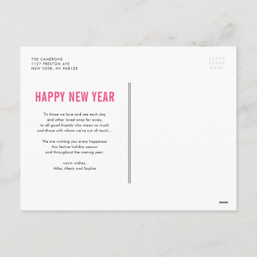 ホットピンクタイポグラフィフォトコラージュ新年 シーズンポストカード (裏面)