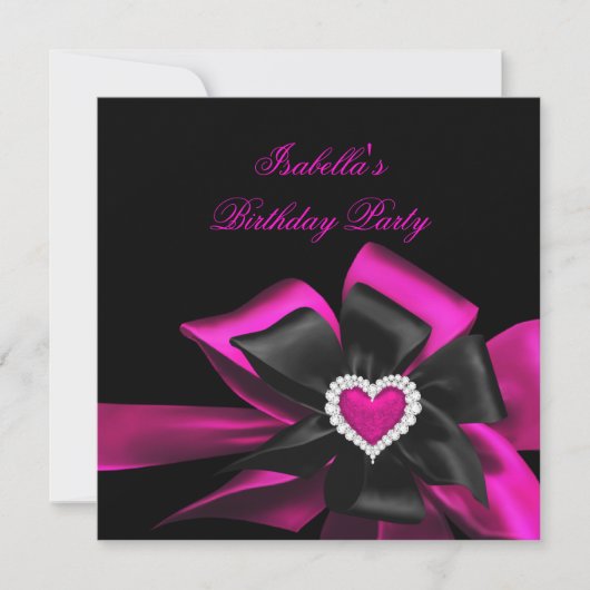 ホットピンクダイヤモンドハートブラックボウ誕生日パーティー 招待状 (正面)