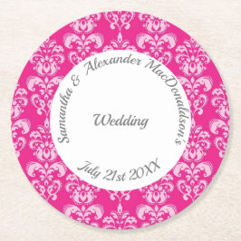 ホットピンクダマスクの結婚式 ラウンドペーパーコースター