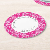 ホットピンクダマスクの結婚式 ラウンドペーパーコースター (アングル)