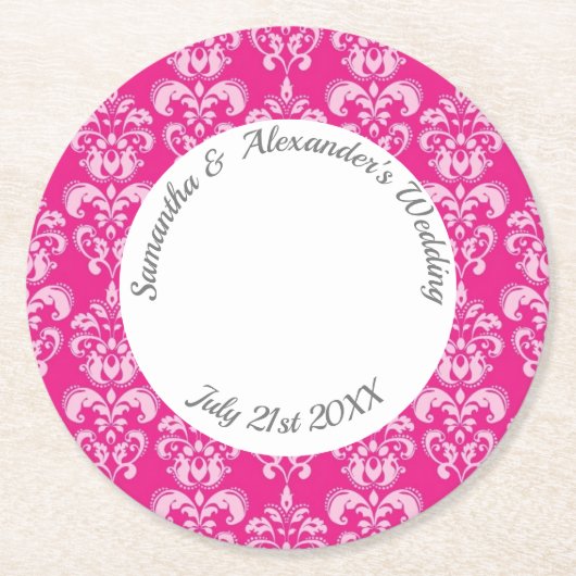 ホットピンクダマスクの結婚式 ラウンドペーパーコースター (正面)