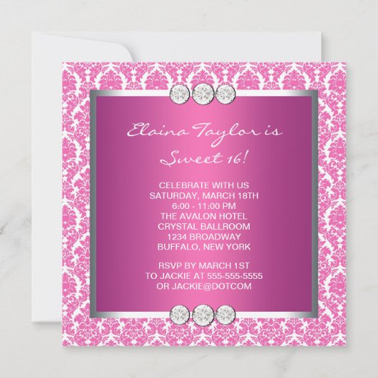 ホットピンクダマスクスウィート16パーティー 招待状 (裏面)