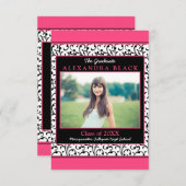 ホットピンクダマスクフローラフォト卒業招待状 出欠カード (正面/裏面)