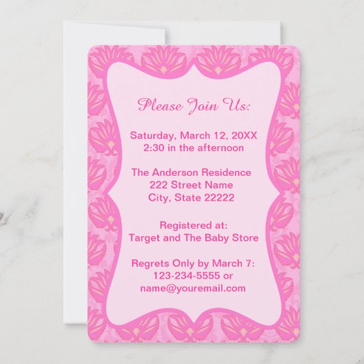 ホットピンクダマスクベビーガールシャワーカスタム招待状 招待状 (裏面)