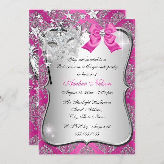ホットピンクダマスクマスクキンセアニェラ仮装招待状 招待状 (正面/裏面)