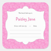 ホットピンクダマスク女の子の本ベビーシャワーブックプレート スクエアシール (正面)