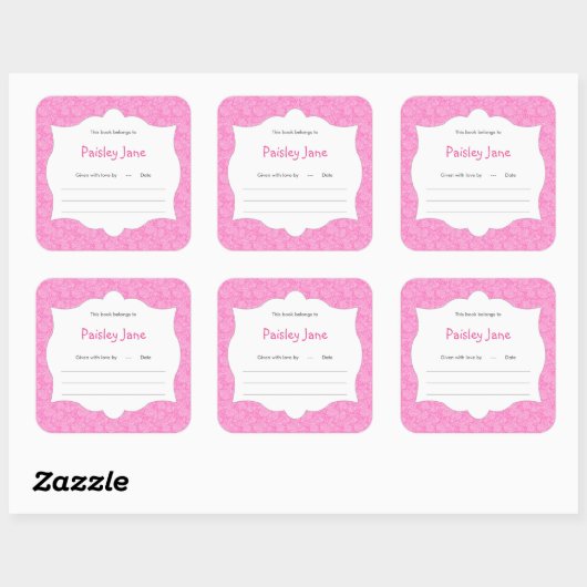 ホットピンクダマスク女の子の本ベビーシャワーブックプレート スクエアシール (シート)