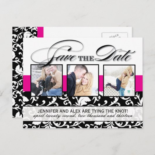 ホットピンクダマスク日付を保存 案内ポストカード (正面/裏面)