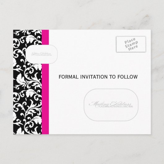 ホットピンクダマスク日付を保存 案内ポストカード (裏面)