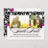 ホットピンクダマスク日付を保存 案内ポストカード (正面/裏面)