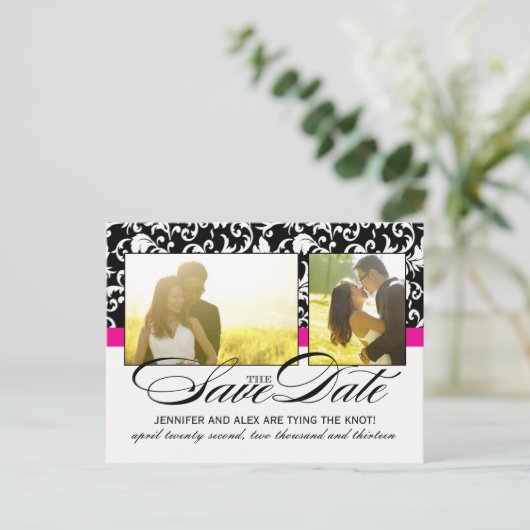 ホットピンクダマスク日付を保存 案内ポストカード (スタンド正面)