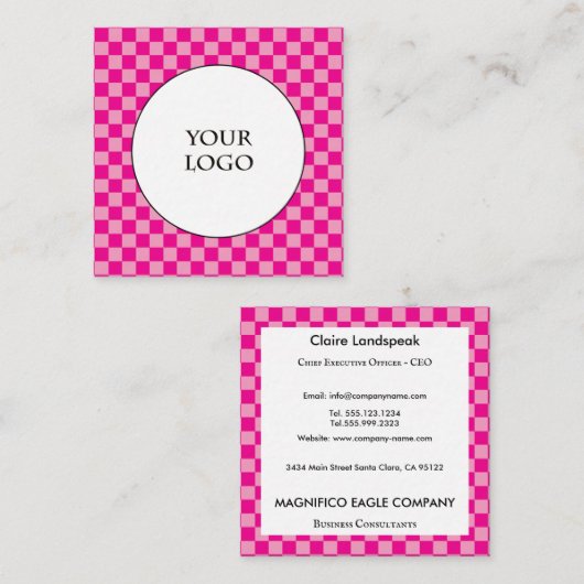 ホットピンクチェックパターン&ビッグロゴ スクエア名刺 (正面/裏面)