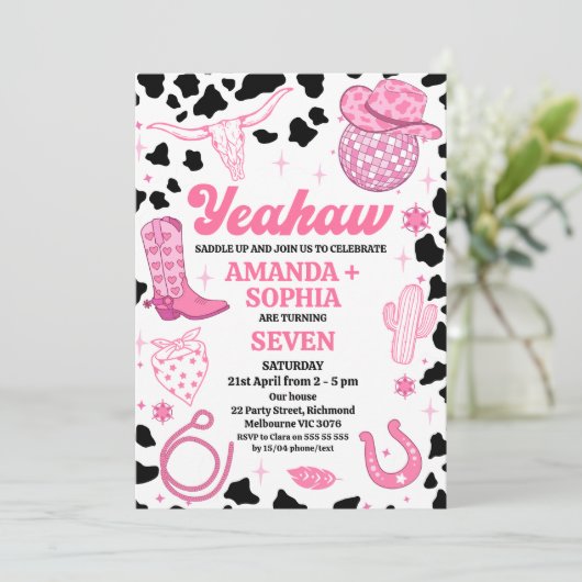 ホットピンクツイン女性のカーボーイロデオウエスタンディスコ誕生日 招待状 (スタンド正面)
