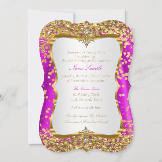 ホットピンクティアラプリンセススイーツ16金ゴールドホワイト招待状 招待状 (裏面)