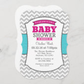 ホットピンクティール(緑がかった色)グレーシェブロンベビーシャワー招待状 招待状 (正面/裏面)