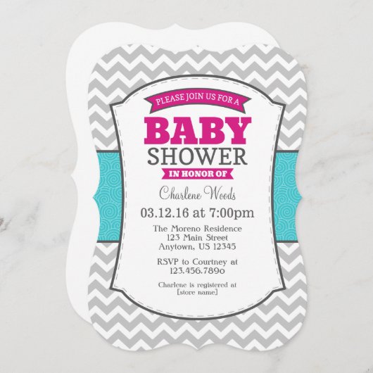 ホットピンクティール（緑がかった色）グレーシェブロンベビーシャワー招待状 招待状 (正面/裏面)
