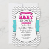 ホットピンクティール（緑がかった色）グレーシェブロンベビーシャワー招待状 招待状 (正面)