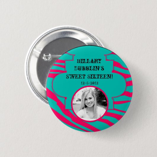 ホットピンクティール(緑がかった色)ゼブラプリント動物の写真ボタン 缶バッジ (正面&裏面)