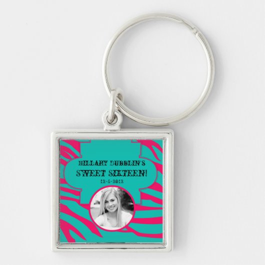 ホットピンクティール(緑がかった色)ゼブラプリント動物パッターキーチェーン キーホルダー (正面)