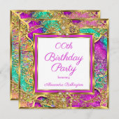 ホットピンクティール（緑がかった色）パープルエリート金ゴールド誕生日パーティー 招待状 (正面/裏面)