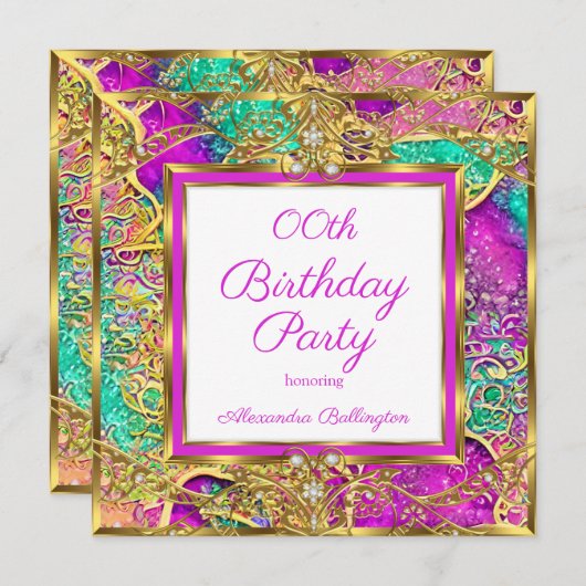 ホットピンクティール（緑がかった色）パープルエリート金ゴールド誕生日パーティー 招待状 (正面/裏面)