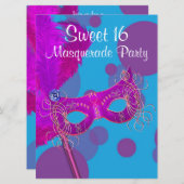 ホットピンクティール(緑がかった色)ブルースウィート16マスカレードパーティー 招待状 (正面/裏面)
