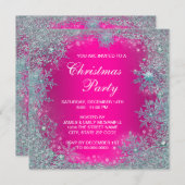 ホットピンクティール(緑がかった色)ブルースノーフレーククリスマスパーティー 招待状 (正面/裏面)