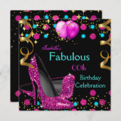 ホットピンクティール（緑がかった色）ブルーハイヒールシューズバースデーパーティー 招待状 (正面/裏面)