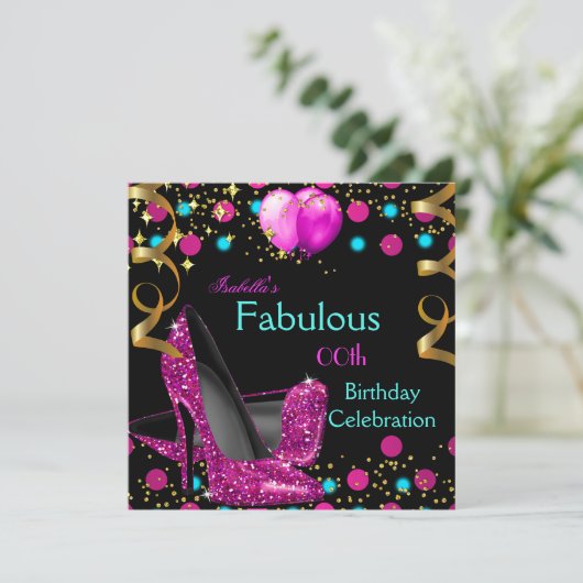 ホットピンクティール（緑がかった色）ブルーハイヒールシューズバースデーパーティー 招待状 (スタンド正面)