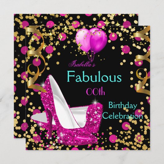 ホットピンクティール(緑がかった色)ブルーハイヒールバースデーパーティー2 招待状 (正面/裏面)